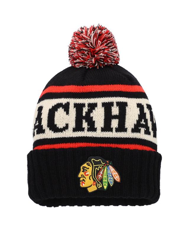 Mens American Needle Black/White Chicago Blackhawks Pillow Line Cuffed Knit Hat with Pom Product Image