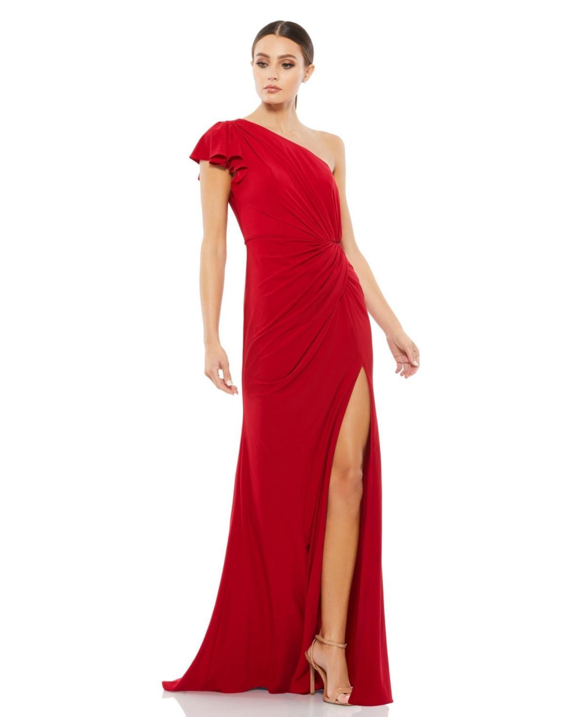 Womens Ruffled One Shoulder Draped Gown Product Image