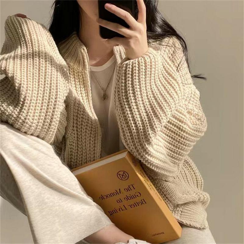 Round Neck Plain Cable Knit Zip Cardigan Product Image