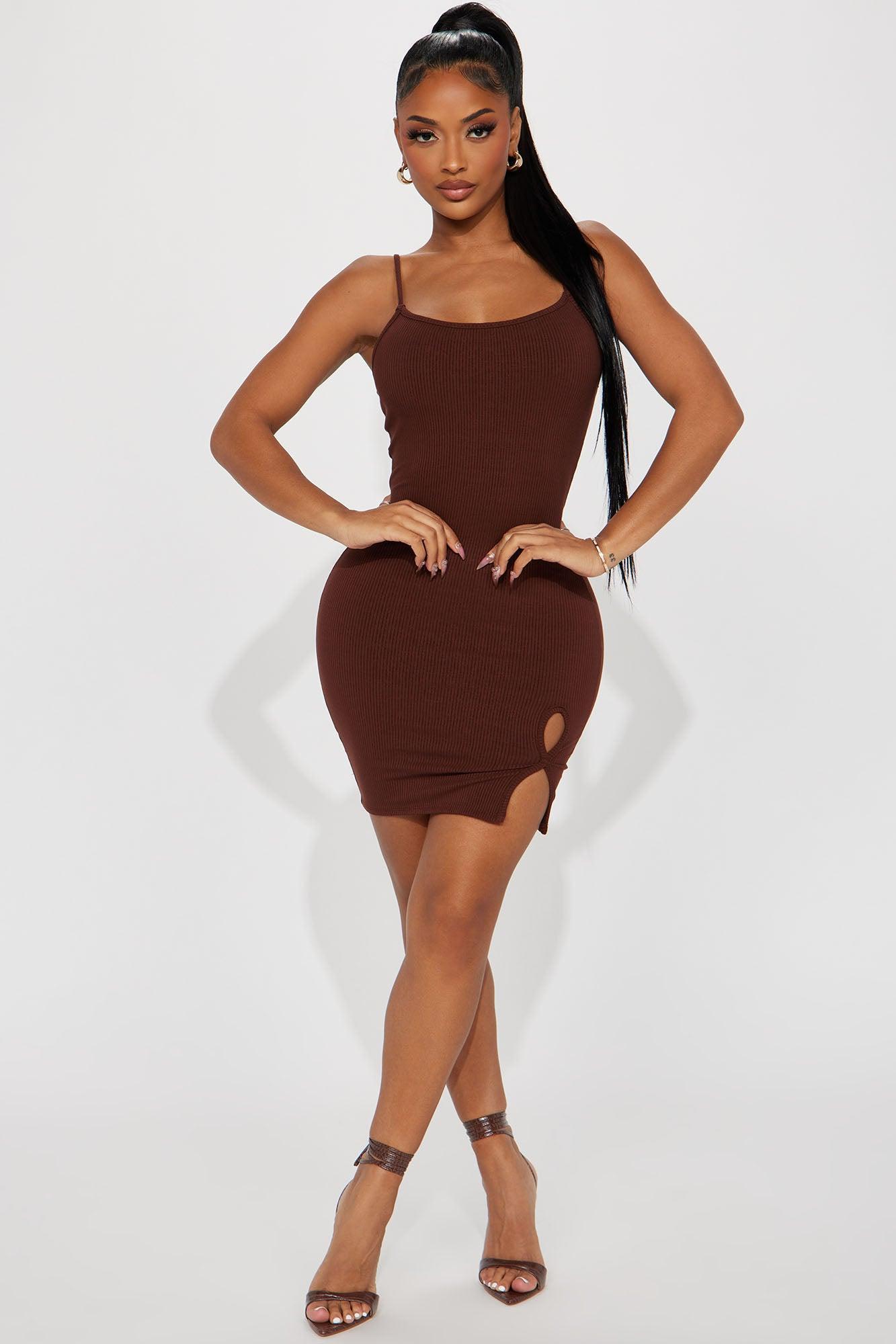 Maisie Heavy Ribbed Mini Dress - Brown Product Image