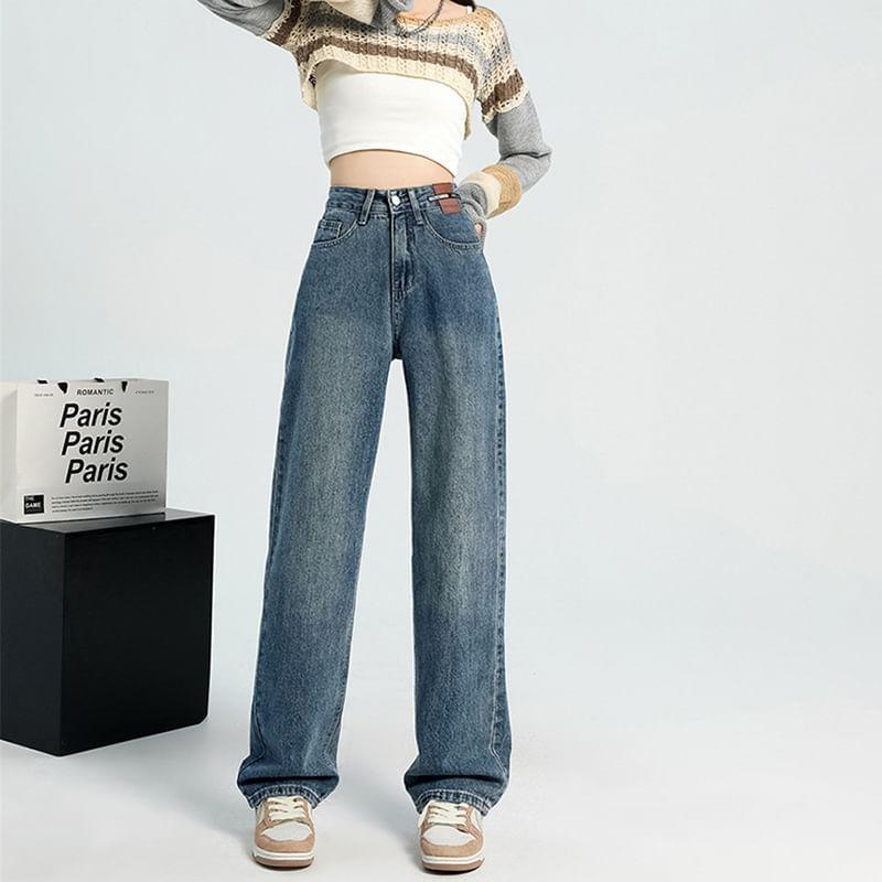 High Waist Washed Straight-Fit Wide-Leg Jeans Product Image