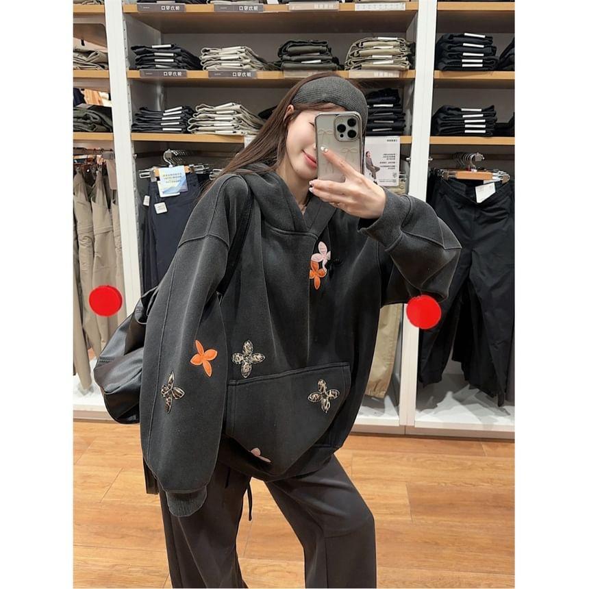 Flower Embroidered Pocket Detail Oversized Hoodie Product Image