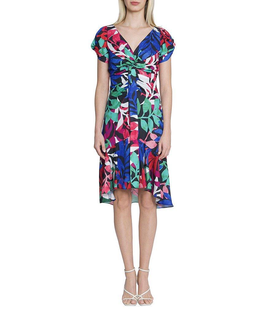 Maggy London Printed Georgette V-Neck Short Ruched Sleeve Drape Front High-Low Hem A-Line Dress Product Image