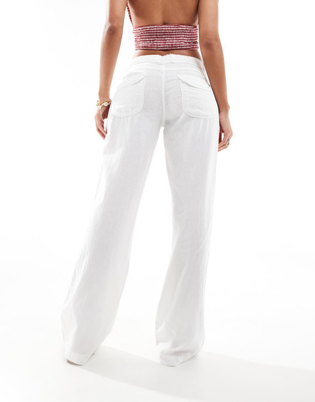 Bershka low rise button closure pocket detail linen mix pants in white Product Image