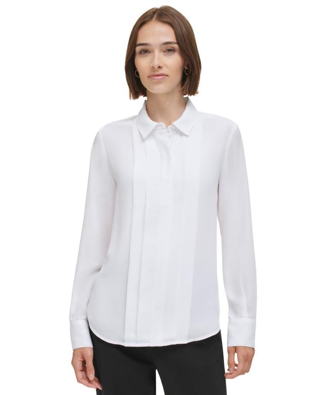 Calvin Klein Womens Pleat-Front Long-Sleeve Shirt Product Image