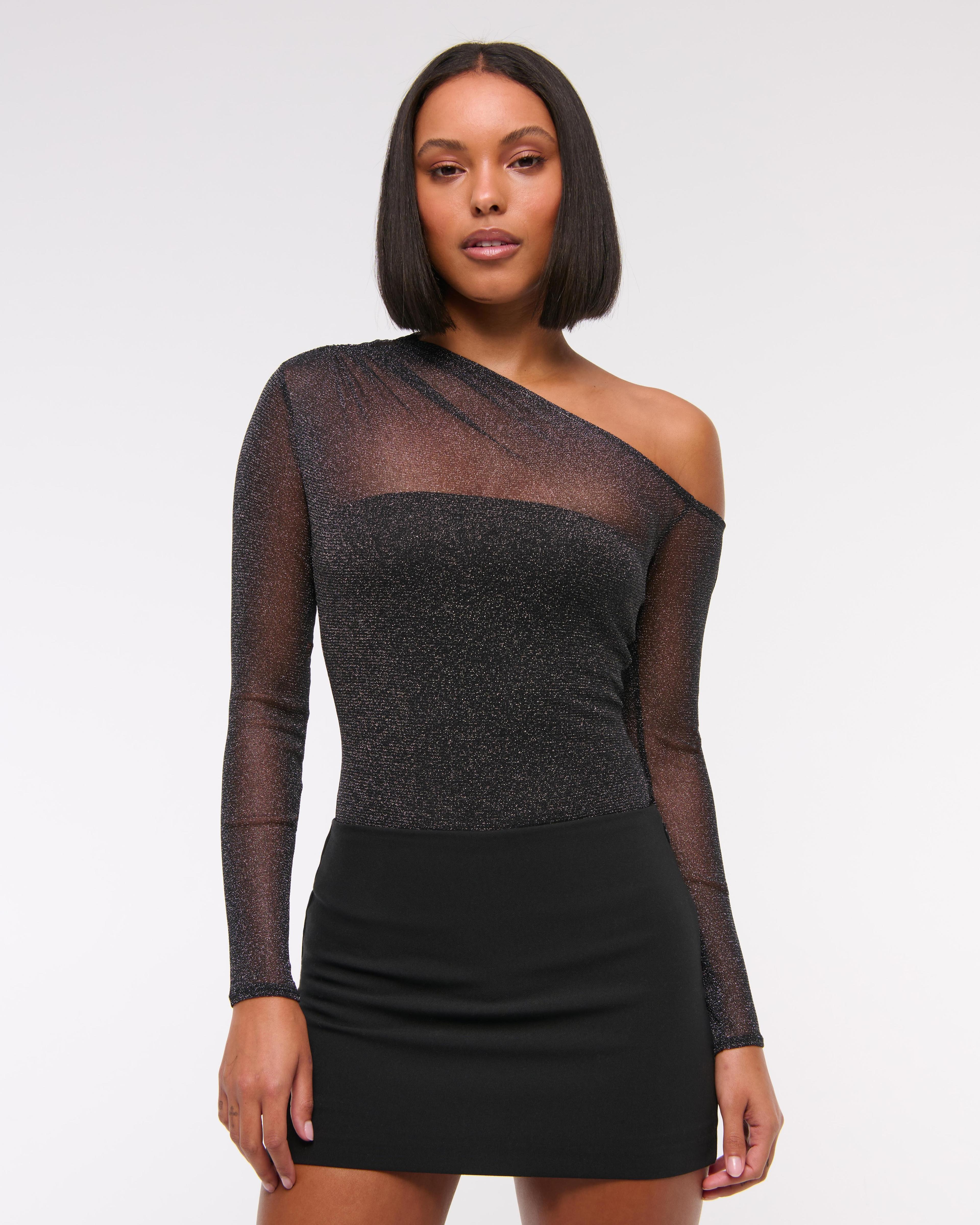 Long-Sleeve Asymmetrical Draped Mesh Bodysuit Product Image