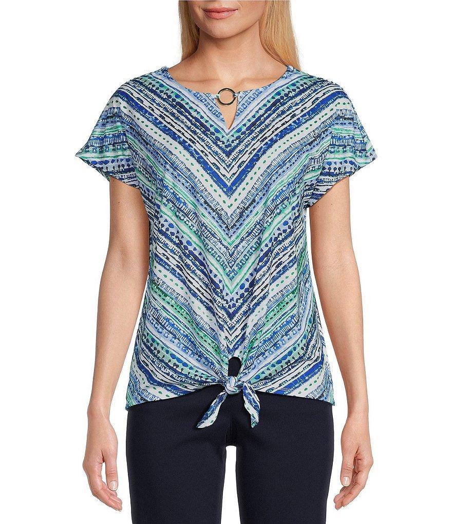 Allison Daley Batik Stripe Cap Sleeve Keyhole Neck Tie Front Knit Top Product Image