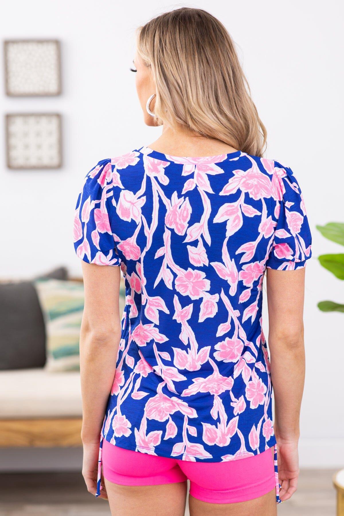 Cobalt and Neon Pink Floral Print Top Product Image