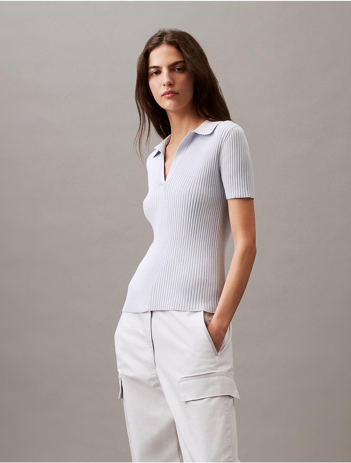 Calvin Klein Womens Smooth Cotton Rib Sweater Polo Shirt - White - L Product Image