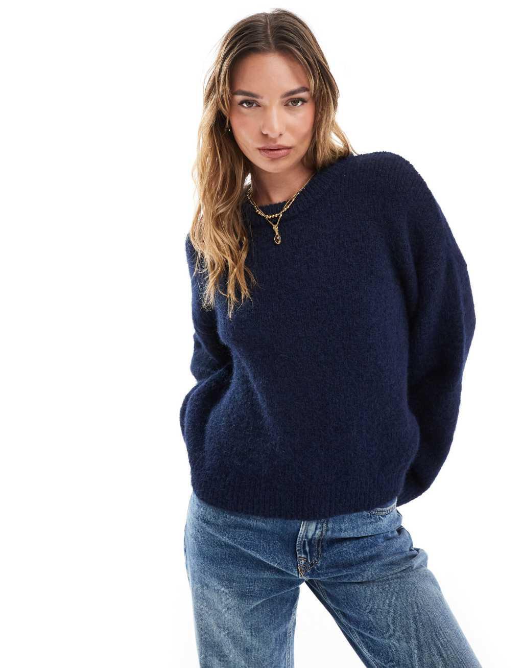 ASOS DESIGN fluffy wool mix wide sleeve oversized sweater in navy Product Image