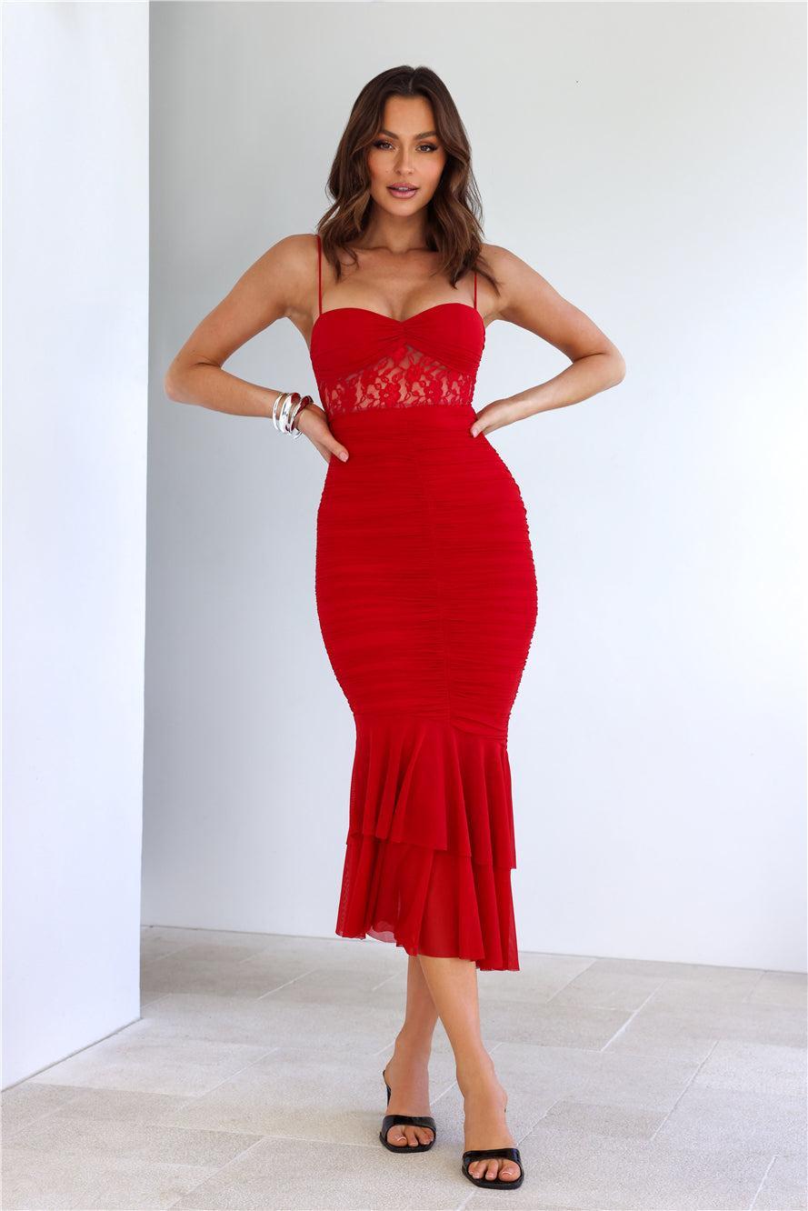 All Gathered Mesh Maxi Dress Red Product Image