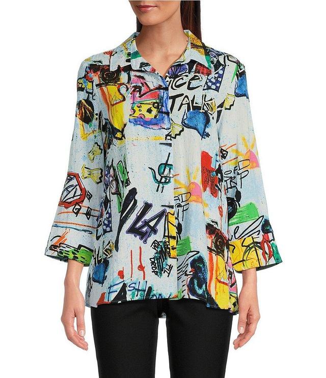 Ali Miles Petite Size Doodle Print Woven Point Collar 3/4 Sleeve Button-Front Tunic Product Image