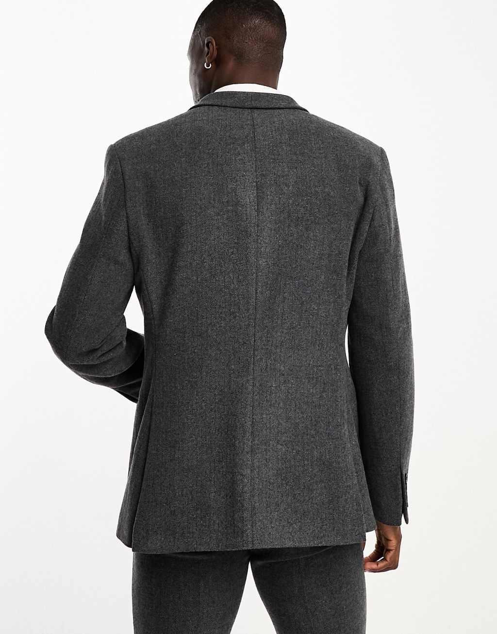 ASOS DESIGN slim wool mix suit jacket in herringbone in charcoal Product Image