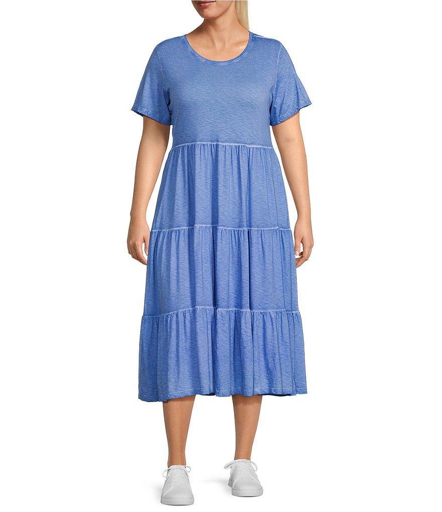 Intro Plus Size Knit Short Sleeve Tiered A-Line Midi Dress Product Image