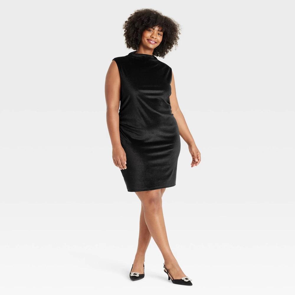 Womens Mini Velvet Ruched Dress - A New Day Black 1X Product Image