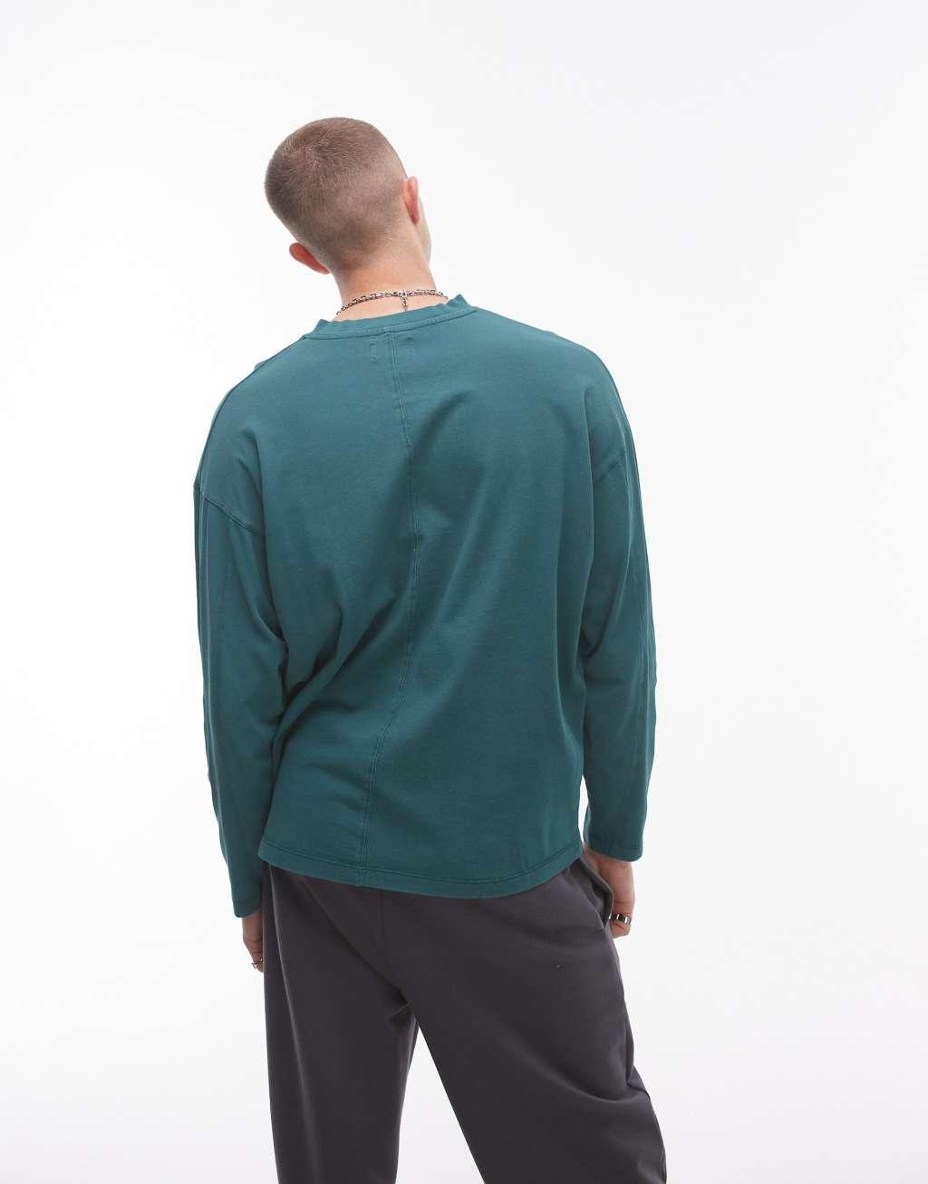 Topman v neck long sleeve washed t-shirt in green Product Image