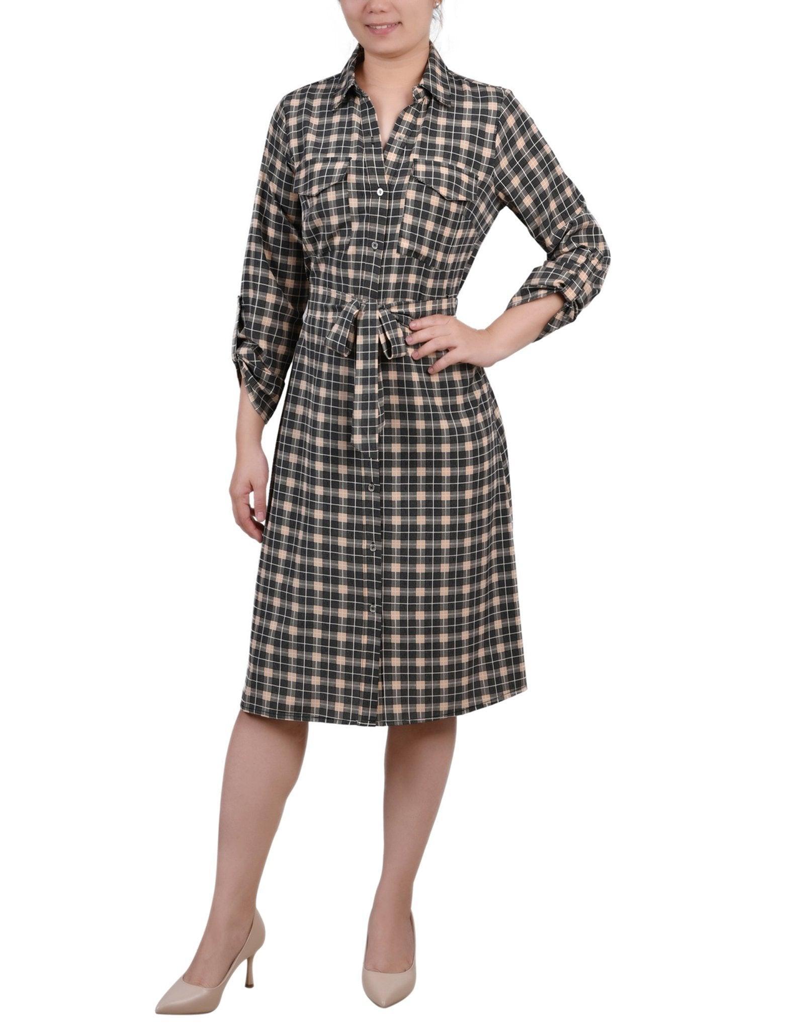 3/4 Length Roll Tab Sleeve Belted Shirtdress - Petite Product Image