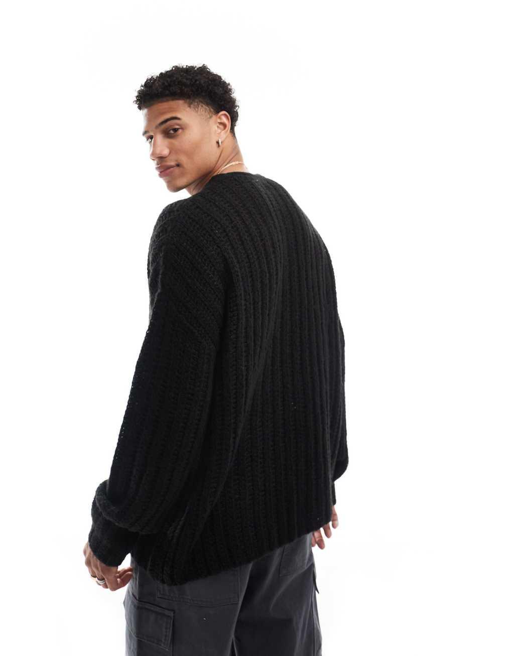 ASOS DESIGN oversized open knit brushed rib sweater in black Product Image