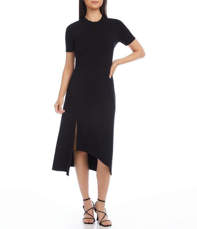 Karen Kane Petite Size Crew Neck Asymmetrical Front Slit Midi Dress Product Image