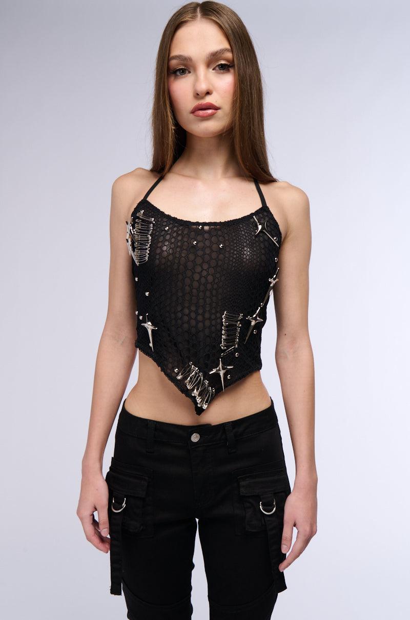 CHROME DRIP HALTER NECK EMBELLISHED MESH TANK Product Image