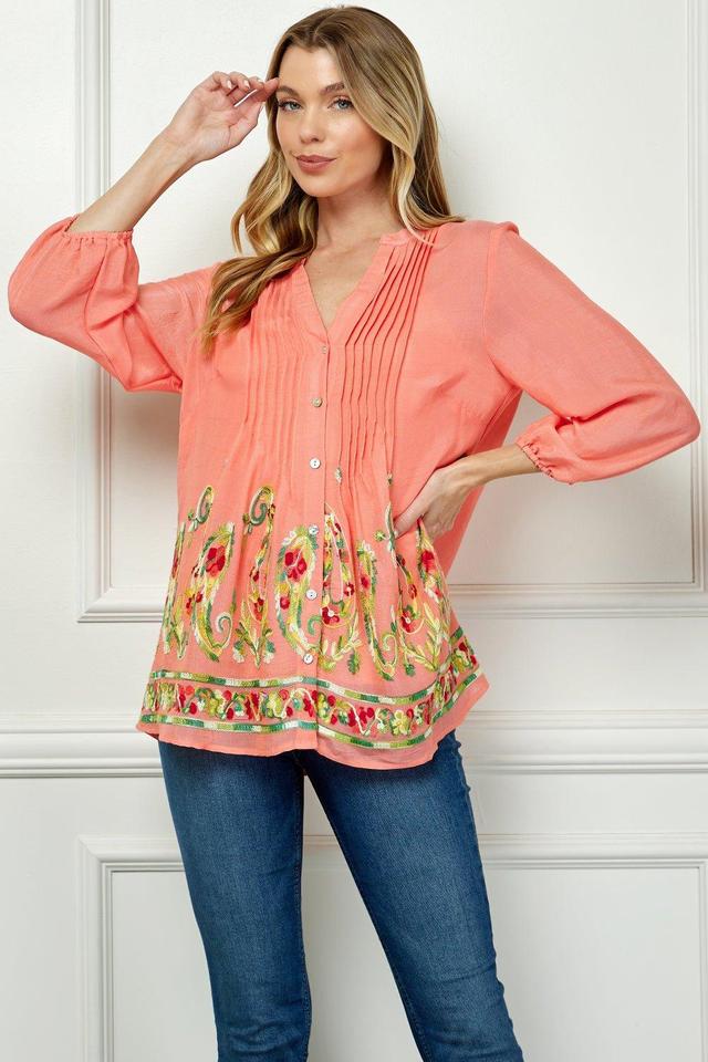 Long Sleeve Yolk Neck Top With Printed Border Product Image