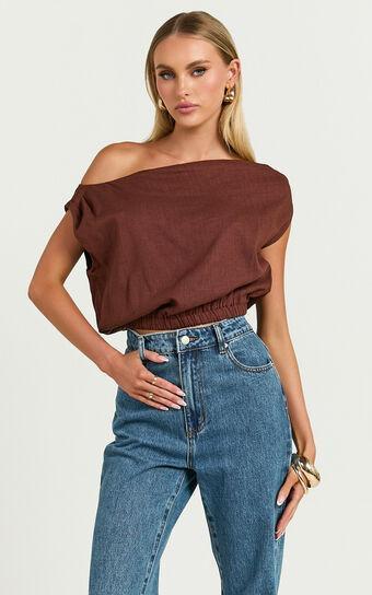 Collins Top - Draped Asymmetrical Neckline Top in Chocolate Product Image