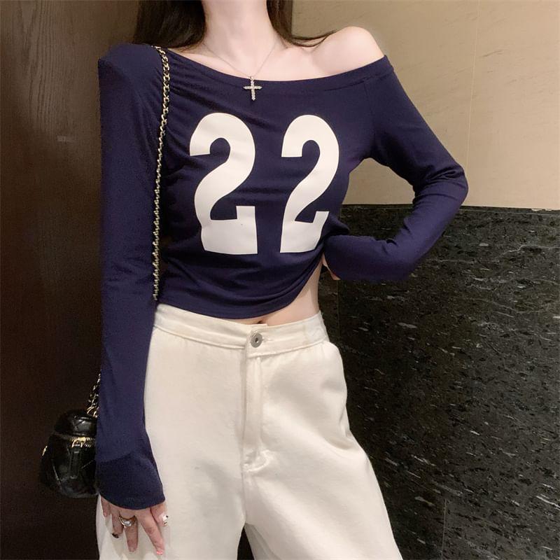 Long Sleeve One Shoulder Numbering Print Top Product Image