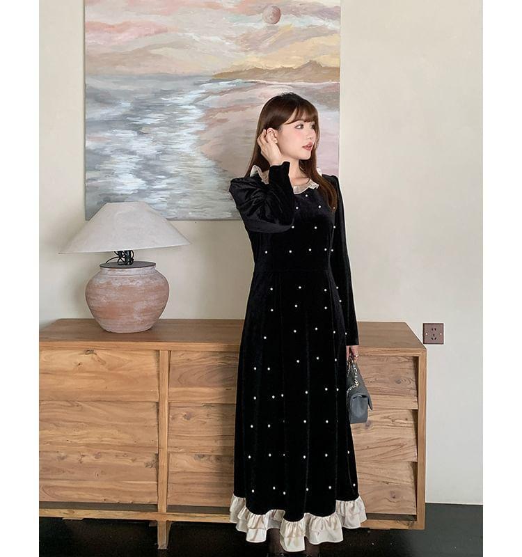 Long Sleeve Collared Ruffle Faux Pearl Beaded Panel Velvet Maxi A-Line Dress Product Image