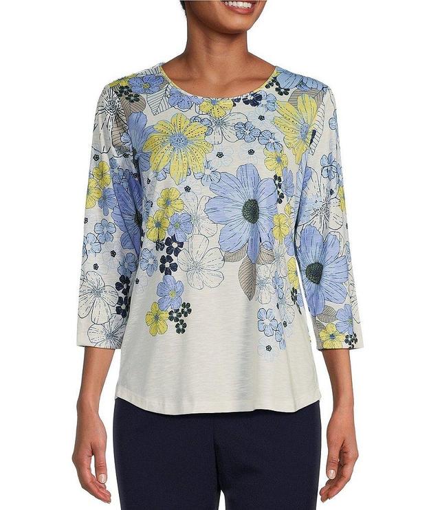 Allison Daley Petite Size Embellished Floral Print 3/4 Sleeve Crew Neck Knit Top Product Image