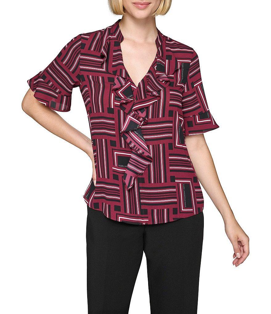 KARL LAGERFELD PARIS Geometric Print Ruffle Front V-Neck Short Sleeve Blouse Product Image