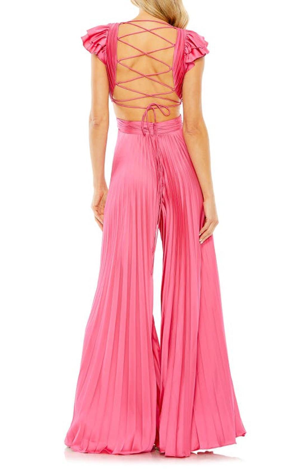 Ruffle Cap Sleeve Cutout Heat Pleated Jumpsuit In Candy Pink Product Image