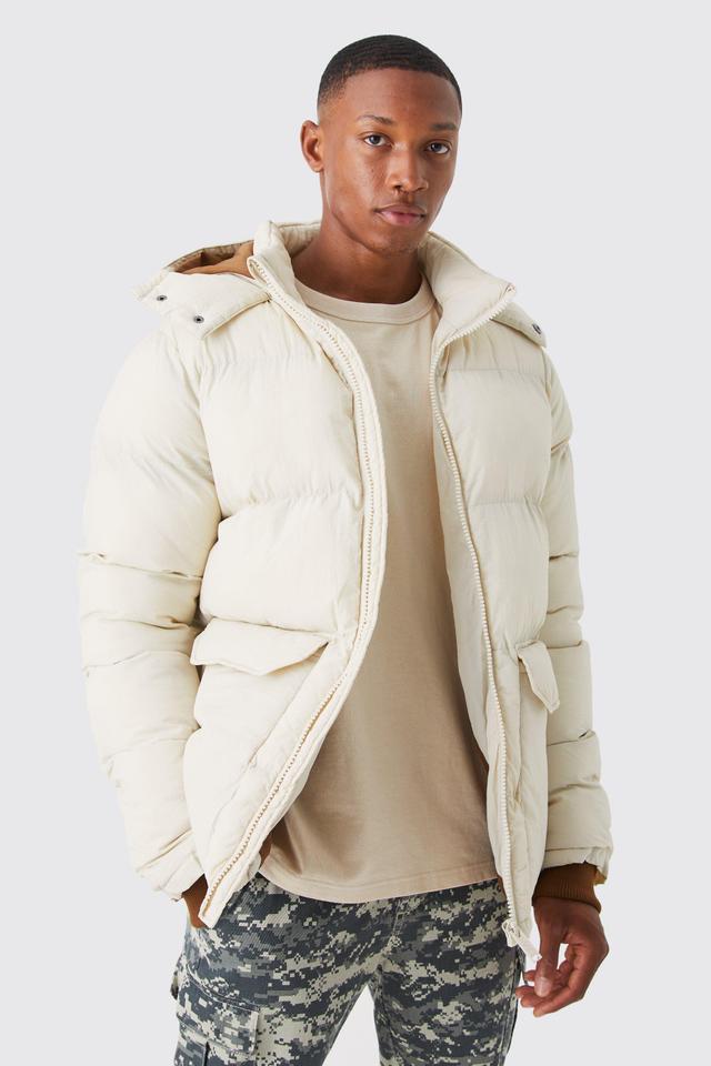 Contrast Hood Mid Length Puffer | boohooMAN USA Product Image