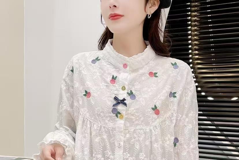 Long Sleeve Band Collar Flower Embroidered Blouse Product Image