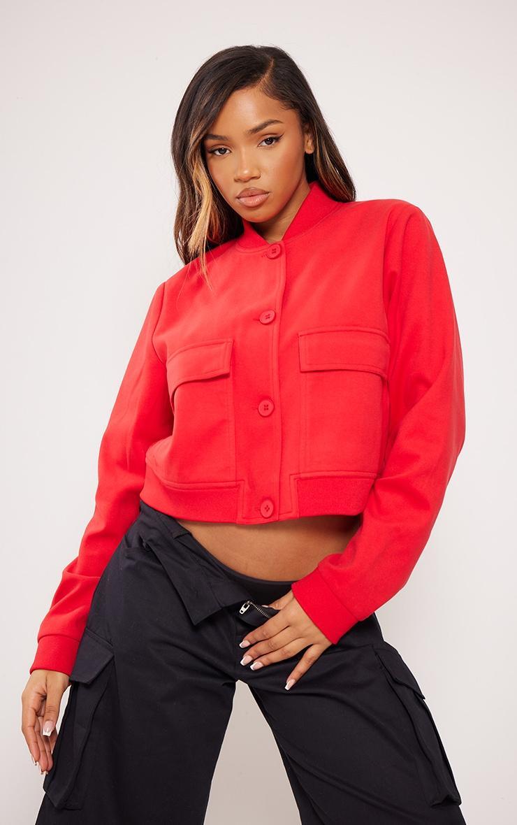 Red Soft Touch Cropped Button Up Jacket Product Image