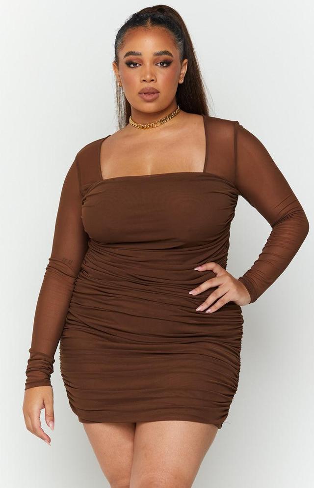 Estee Long Sleeve Mesh Party Dress Brown Product Image