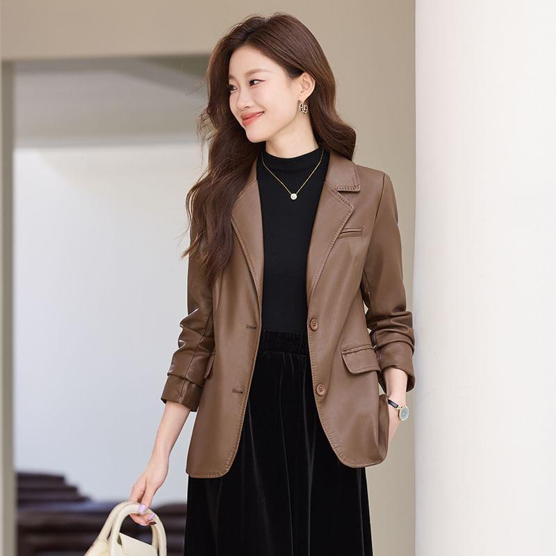 Lapel Collar Plain Faux Leather Single Breasted Blazer Product Image