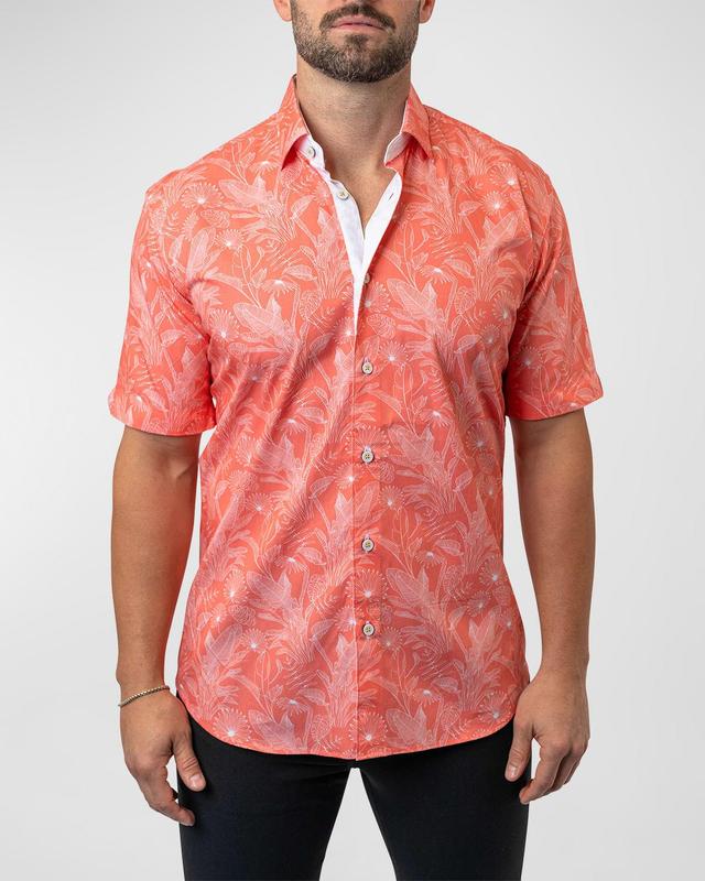 Maceoo Galileo Leaf 45 Orange Contemporary Fit Short Sleeve Button-Up Shirt at Nordstrom Product Image