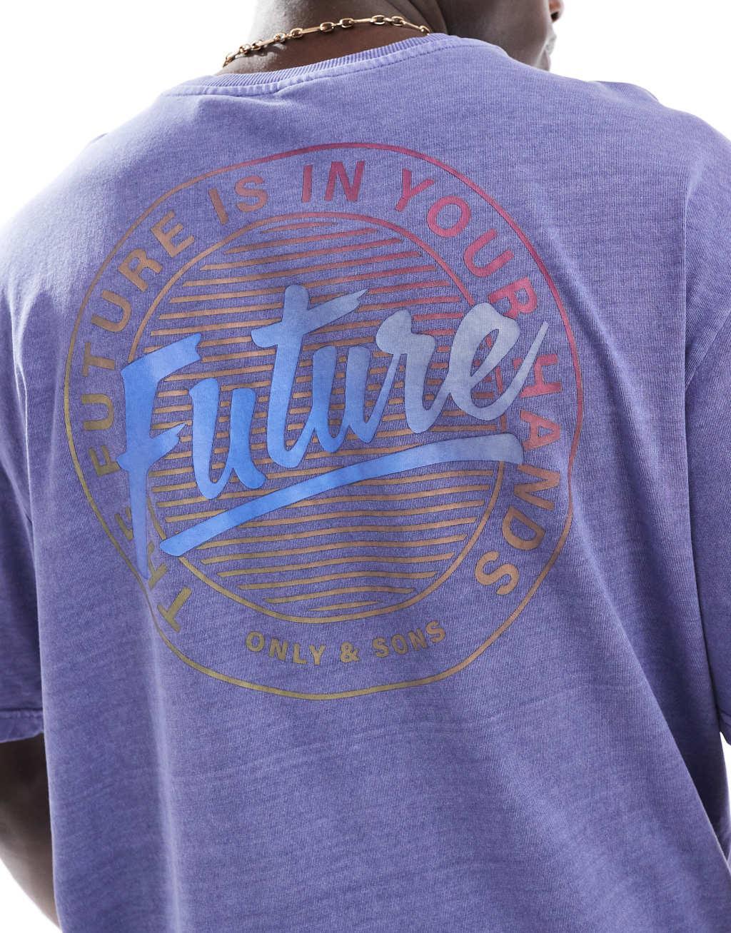 ONLY & SONS relaxed fit T-shirt with retro Future back print in washed purple Product Image