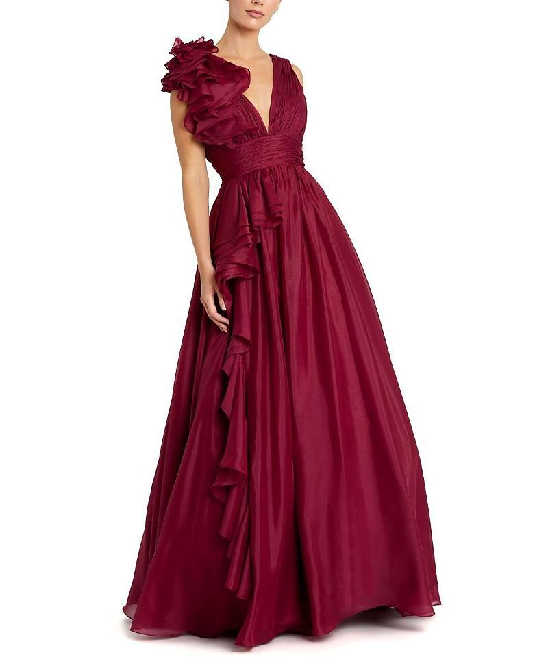 Womens Ruffle Shoulder V-Neck Gown Product Image