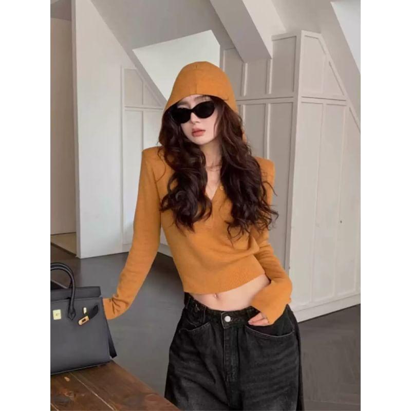 Long-Sleeve Henley Plain Hooded Crop Knit Top Product Image