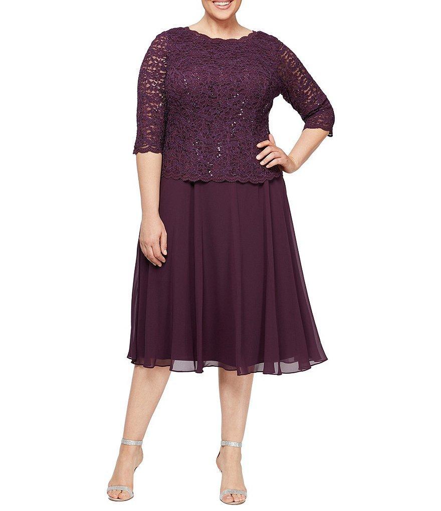 Alex Evenings Plus Size Sequin Lace 3/4 Illusion Sleeve Scallop Round Neck Bodice Chiffon Skirted Dress Product Image