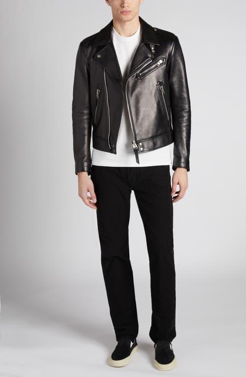 Quilted Lining Lambskin Leather Biker Jacket In Black Product Image