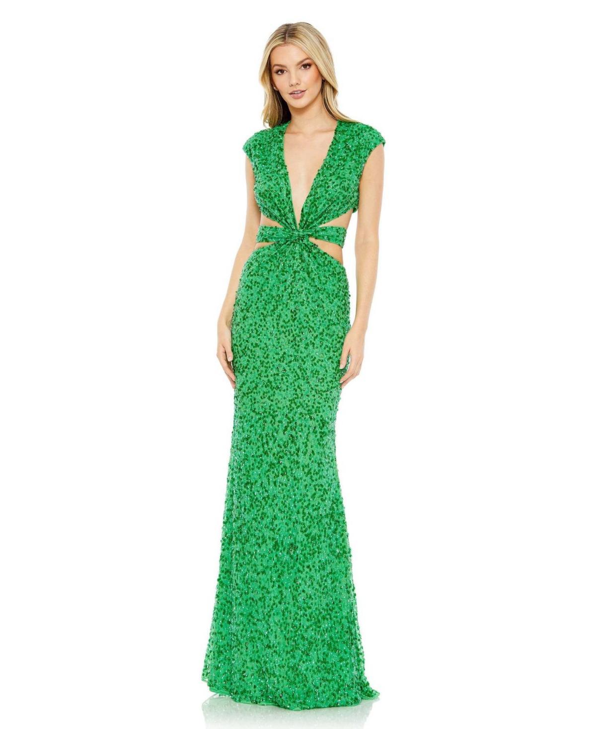 Womens Sequined Cap Sleeveless Plunge Neck Cut Out Gown Product Image