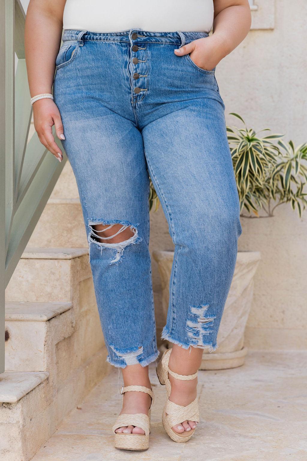 Lucy Distressed Girlfriend Medium Wash Jeans FINAL SALE Product Image