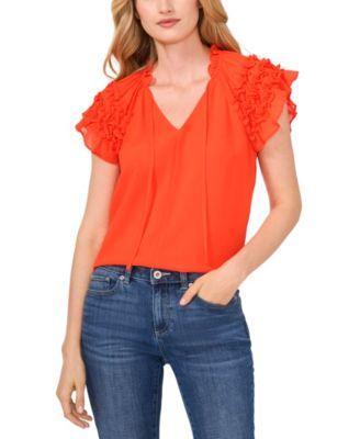 Women's Ruched Ruffle Raglan Sleeve V-Neck Blouse Product Image