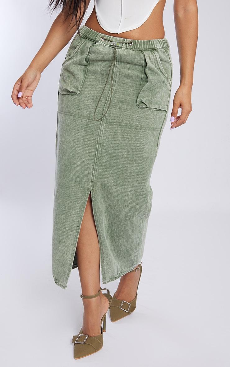 Petite Washed Green Denim Cargo Midi Skirt Product Image