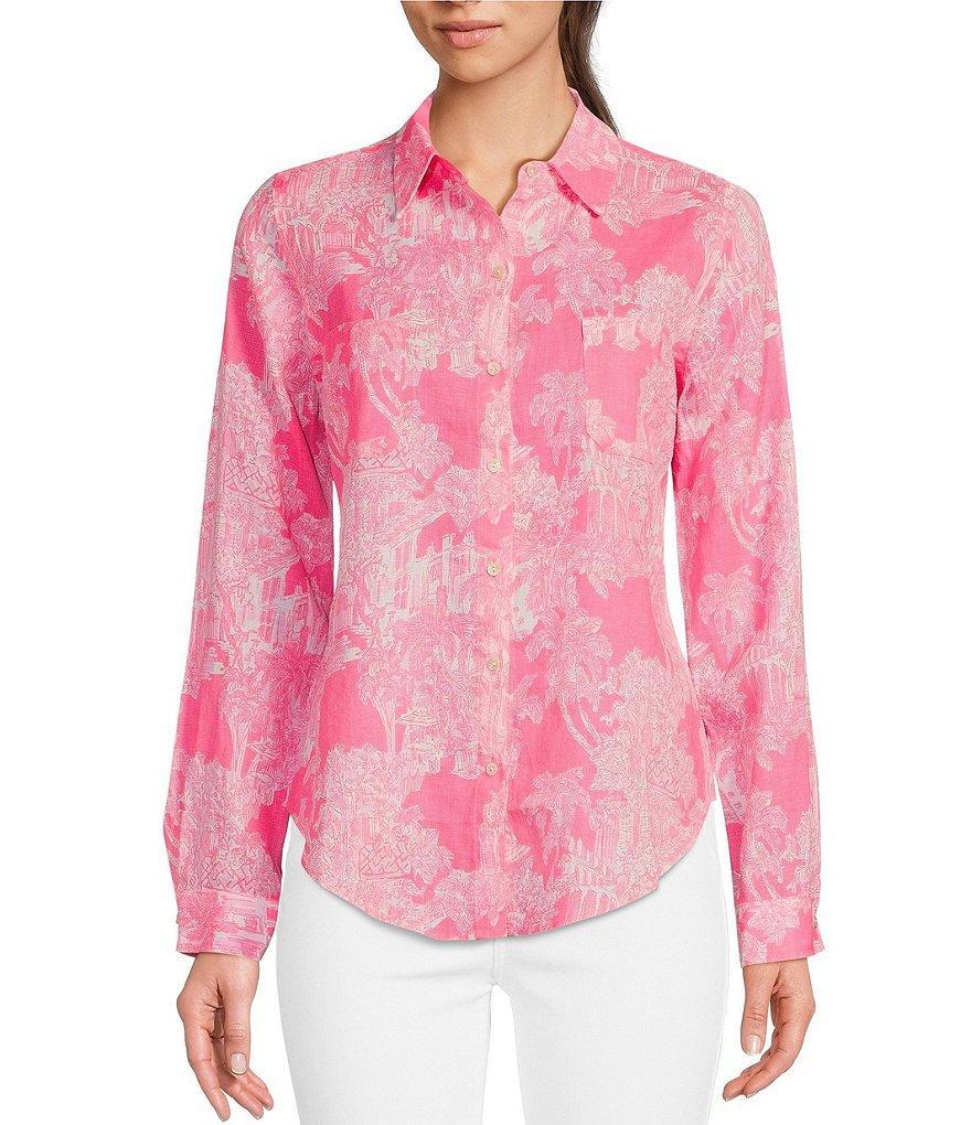 Lilly Pulitzer Sea View Woven Linen Anniversary Toile Print Point Collar Long Sleeve Button Down Blouse Product Image