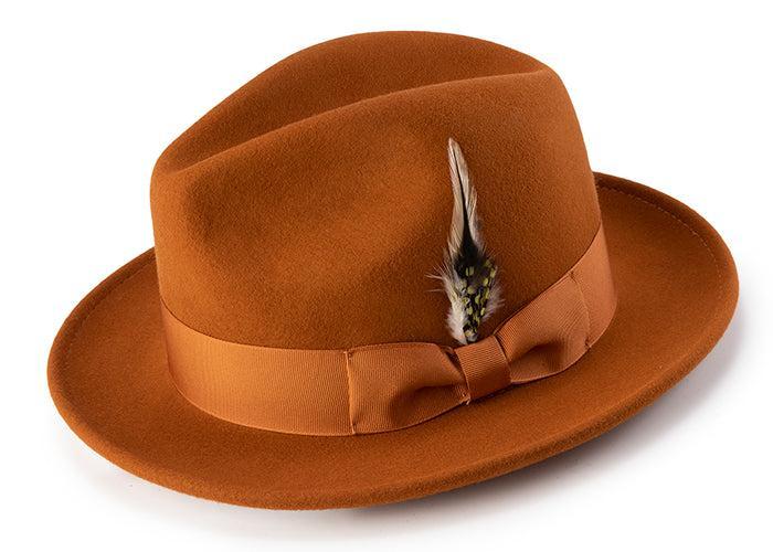 Wool Felt Fedora Pinch Front with Feather Accent in Cognac Product Image