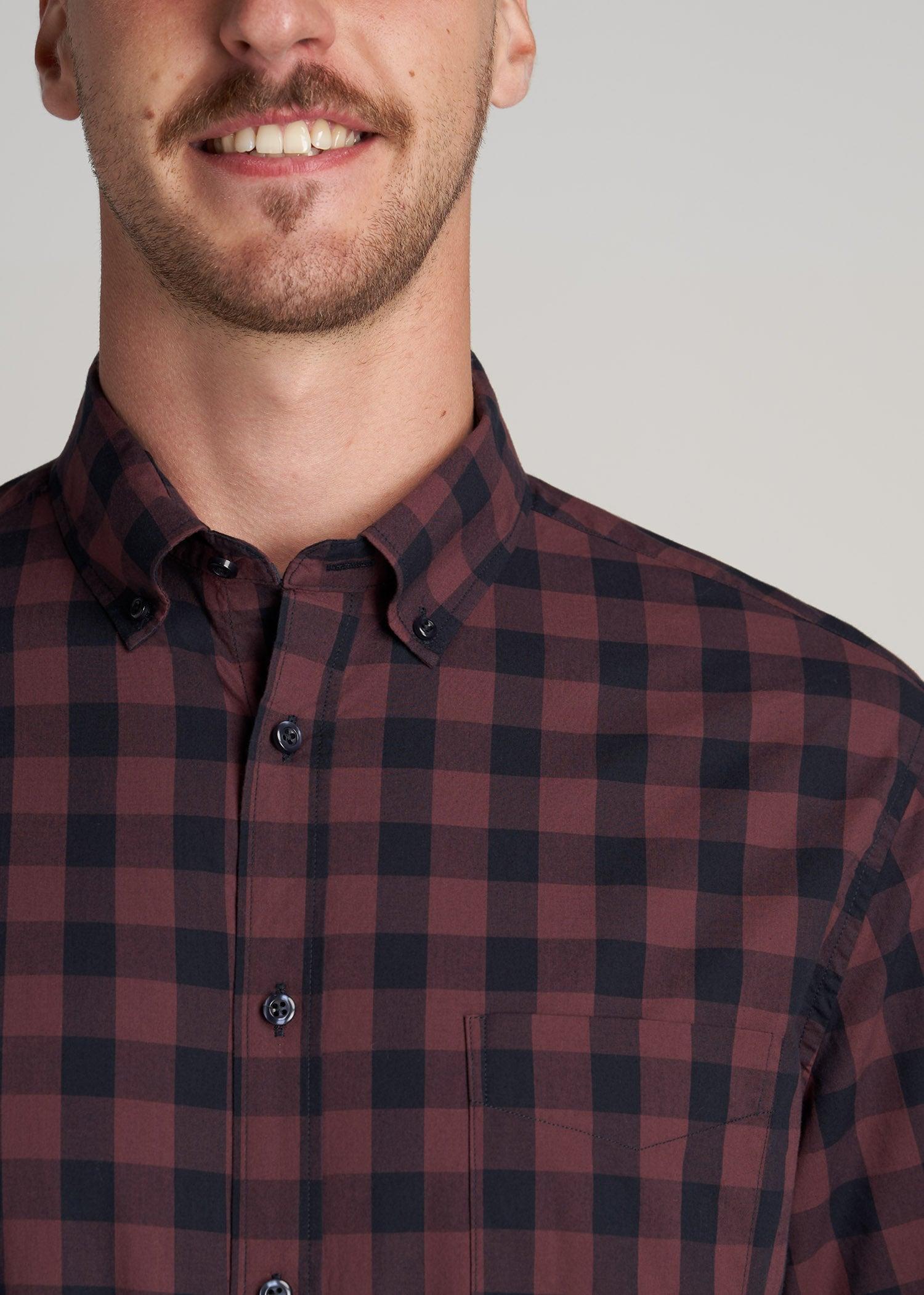 Soft-Wash Button-Up Shirt for Tall Men in Navy & Maroon Check Male Product Image