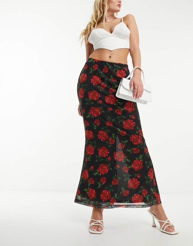 Ever New mesh maxi skirt in black rose print Product Image